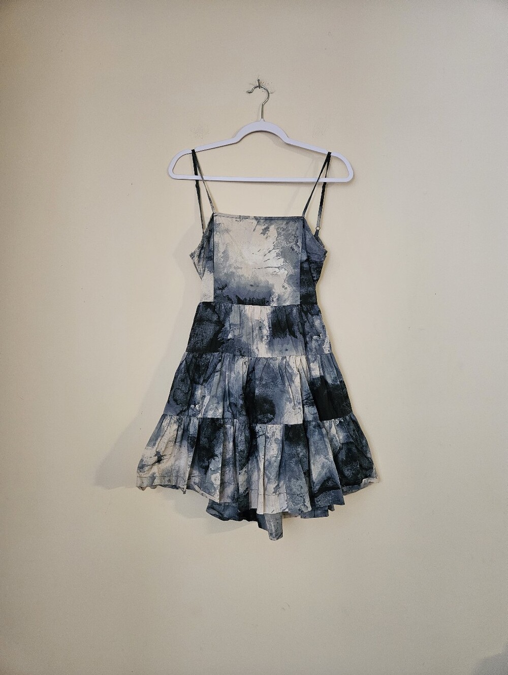 Tie-Dye Spaghetti Strap Mini Dress in Blue and Cream, Size Small